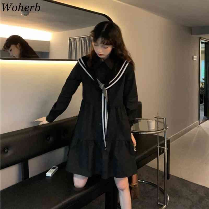 Salior Cape +long Sleeve Pleated Shirt Dress Women Casual 2 Piece Set Korean Chic Outfits Fashion Clothes Streetwear 210519