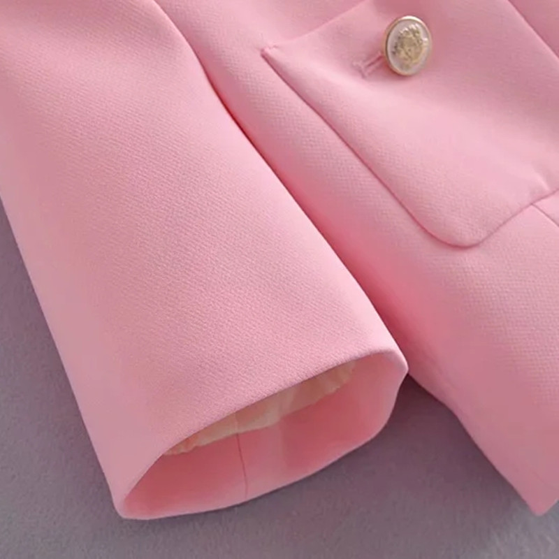 Elegant Women Pink Tweed Cropped Blazer Jacket Summer Single Breasted Double Pockets Short Sleeve Jacket Coat Chic Tops 210521