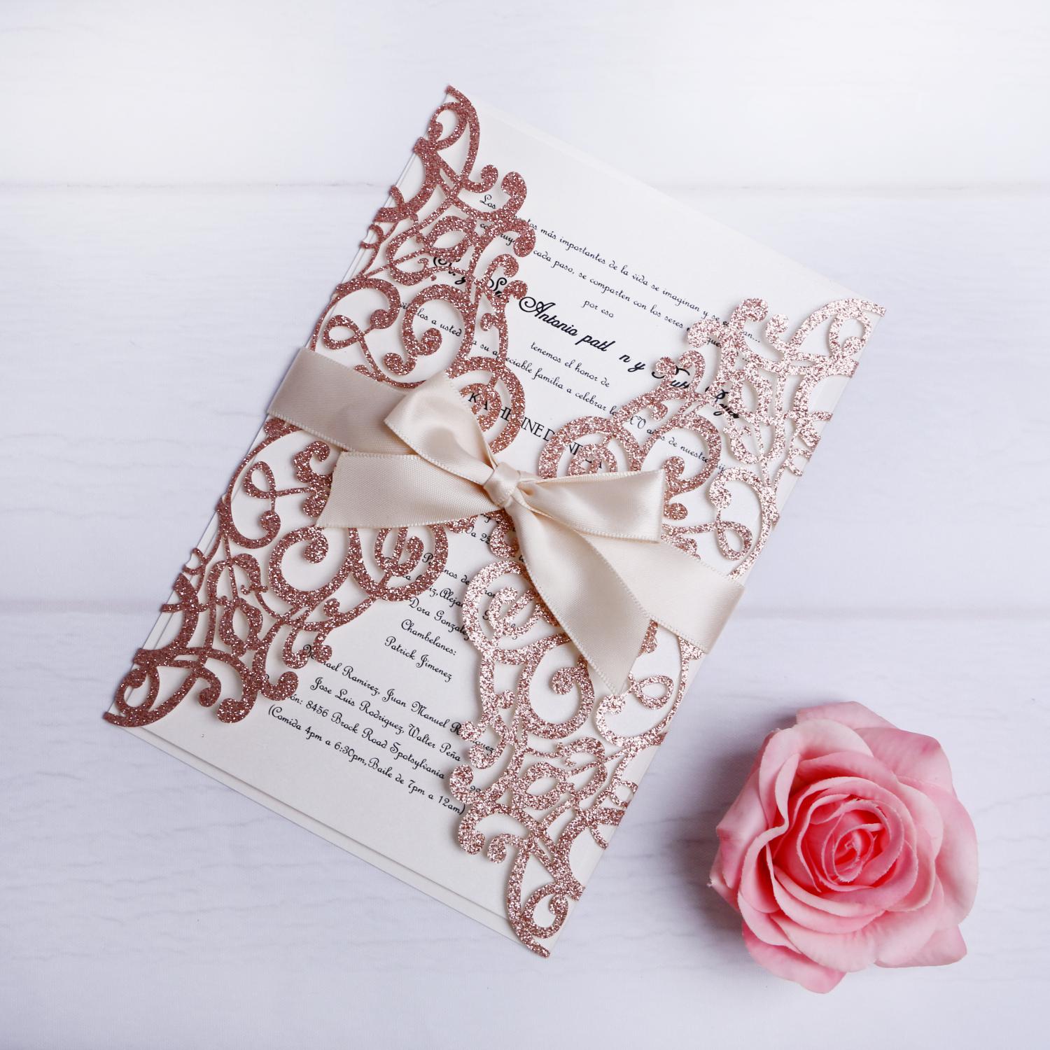 2021 New Rose Gold Glitter Laser Cut Invitations Cards With Beige Ribbons For Wedding Bridal Shower Engagement Birthday Graduation