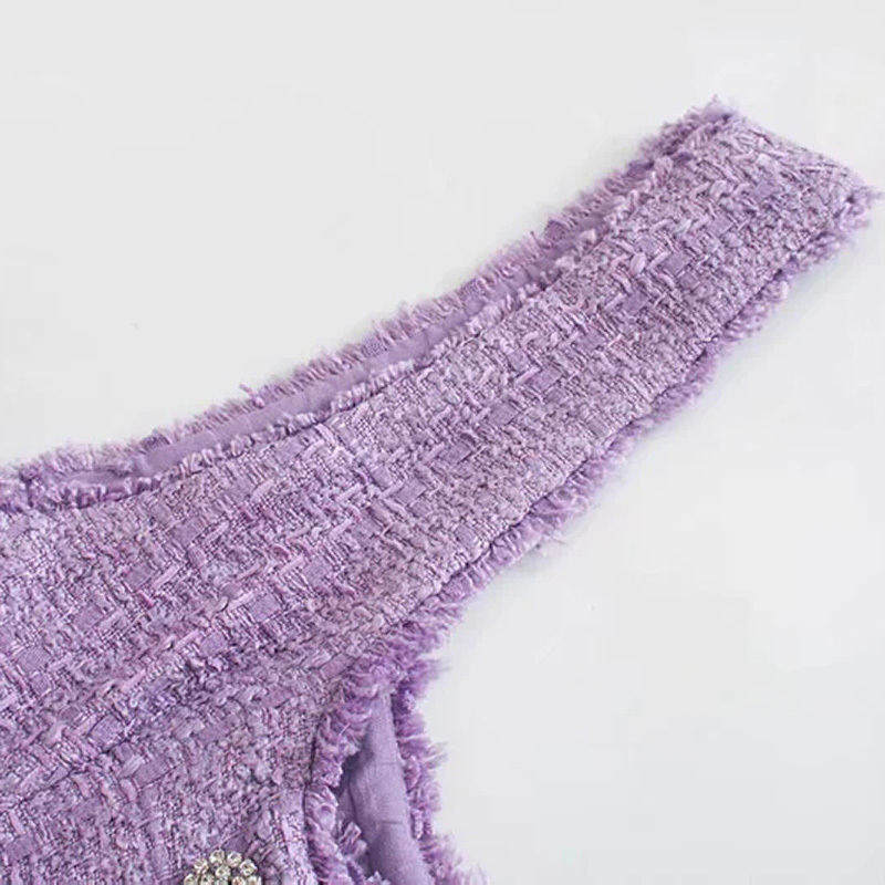 Women Sweet Spaghetti Strap Tweed Mini Dresses Double Breasted Chic Party A Line Tassel Purple Vestidos 210515