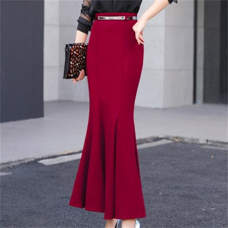 Autumn Winter package hip Vintage Long Mermaid Skirt Women Elegant office lady trumpet Skirts With Free Belt plus size 3XL 210619