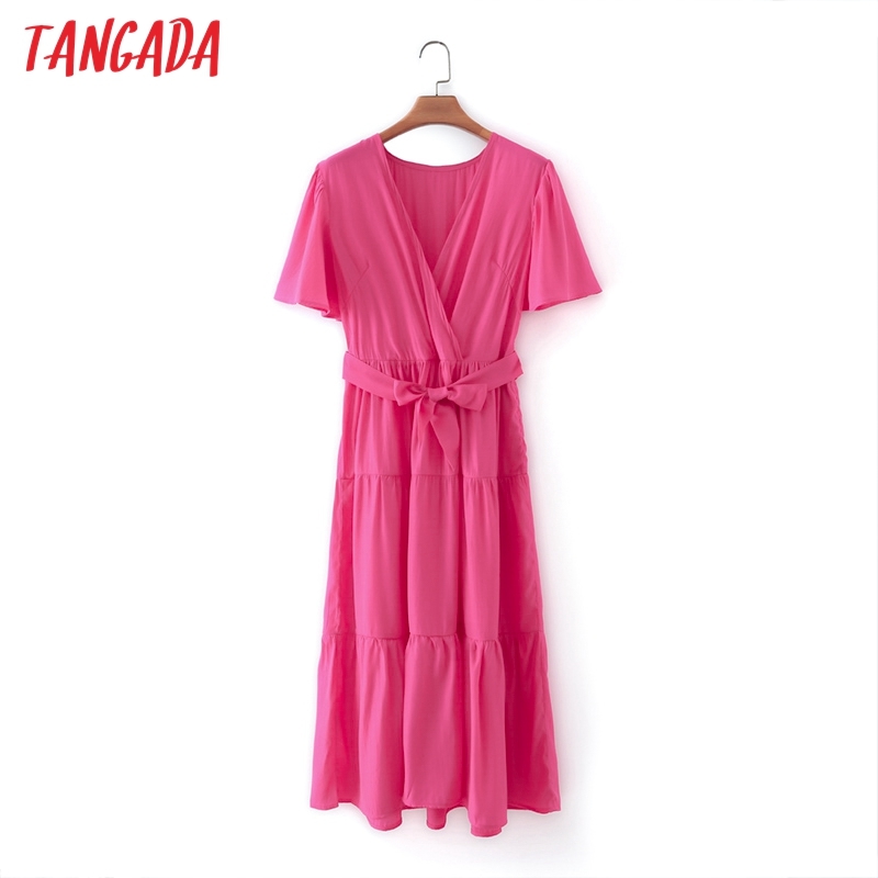 Summer Women French Style pink Elegant Slash Short Sleeve Ladies Midi Dress Vestidos 2M140 210416