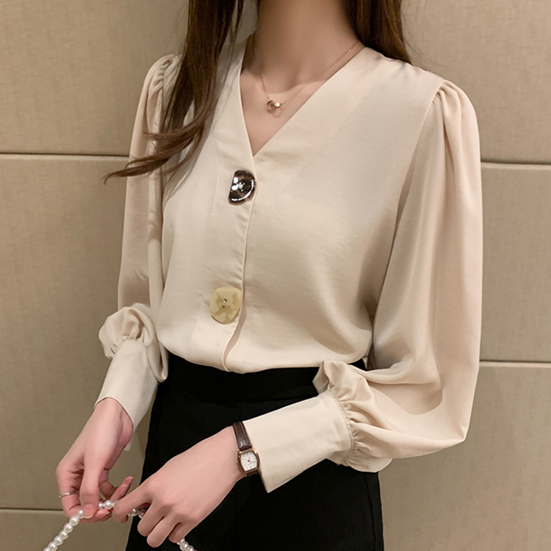 Women Vintage Blouses V-neck Long Sleeve Shirt Solid Tops Casual Korean Lantern Office Lady Clothes 10567 210506
