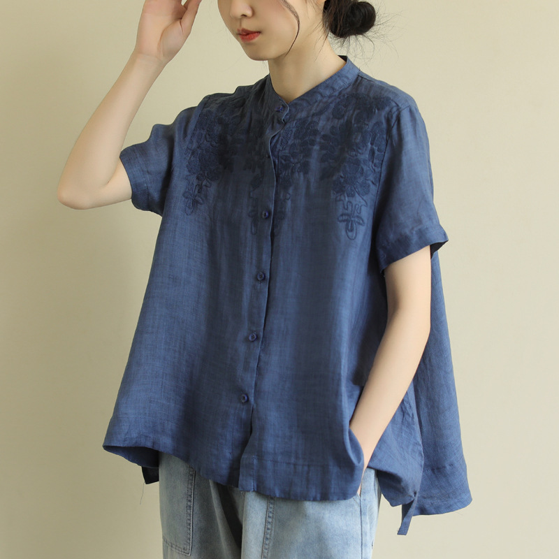 Johnature Cotton Linen Irregular Retro Embroidery Stand Short Sleeve Single Breasted Shirts Loose Leisure All-match Women Tops 210521, Blue 
Johnature Cotton Linen Irregular Retro Embroidery Stand Short Sleeve Single Breasted Shirts Loose Leisure All-match Women Tops 210521, Blue