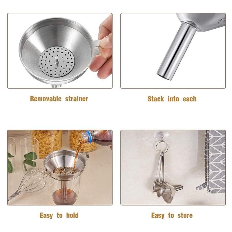 Stainless Steel Kitchen Funnels Set Of 4, With Metal Long Handle, Funnel Removable Strainer Filter Colanders & Strainers
