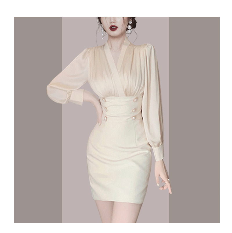 Women Office OL Full Sleeve Mini Pencil Work Dresses High Waist Patchwork Bodycon Double breasted Slim Dress Vestidos 210518