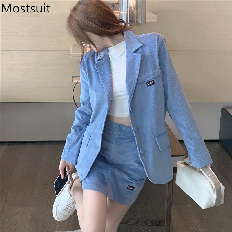 Korean Corduroy Two Piece Skirt Suit Set Women Single-breasted Blazer + Mini Outfits Fashion Office Streetwear Female 210514