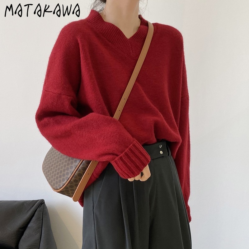 MATAKAWA Solid Woman Sweaters V-neck Basic Loose Sweaters Women Spring Pullover Long Sleeve Top 210513