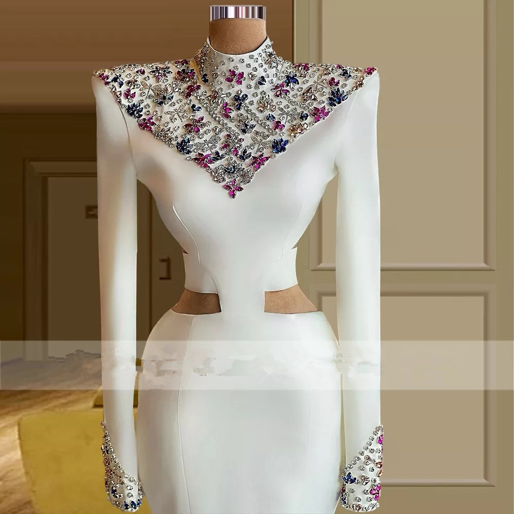 White Evening Dresses for Women Elegant Long Sleeve High Neck Plus Size Keyhole Back Formal Prom Party Gown Beaded Abendkleider