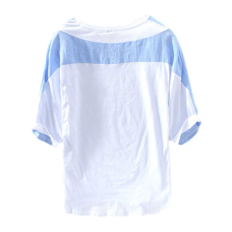 Summer Cotton Linen Patchwork T Shirt For Men Chest Little Whale Embroidery Fashion Short Sleeve Tshirt Loose Tee&Tops 210721
