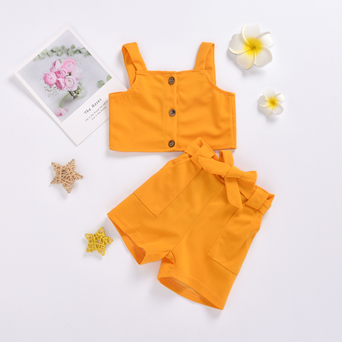 1-5 Years Old Summer Girl Suit Solid Color Button Camisole + Bow Shorts Two-piece Sweet Casual Clothes 210515
