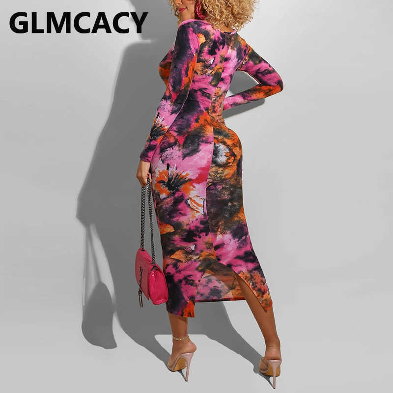 Women Tie Dye Printed Bodycon Dress Classy Ladies Evening Party Long Dresses 210702