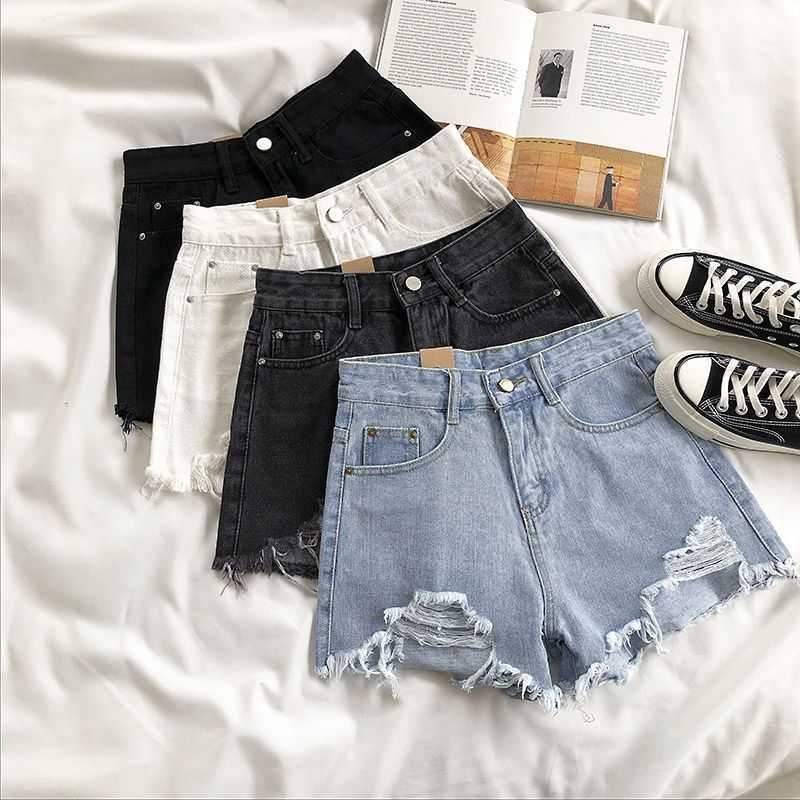 Light Denim Shorts Women High Waist Summer Korean of Loose-cut Hole Thin Ins Pats Womans Shorts Drop 210611