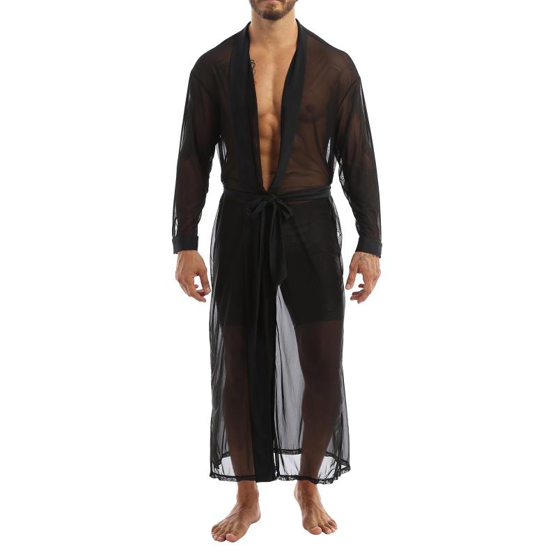 Men See-through Open Stitch Front Mesh Transparent Long Shirt Casual Sleepwear Male Gay Sexy Lingerie Sleeve Bathrobe Tops Men's Shirts