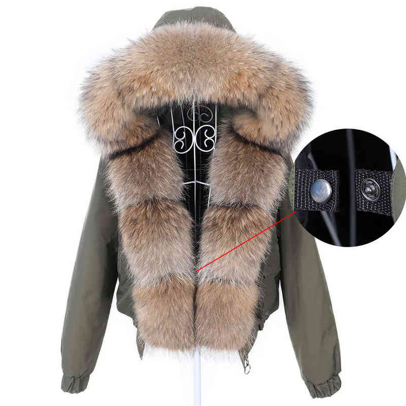 Lavelache Winter Short Women Real Fur Coat Natural Raccoon Collar Detachable Parka Bomber Jacket Waterproof 211206
