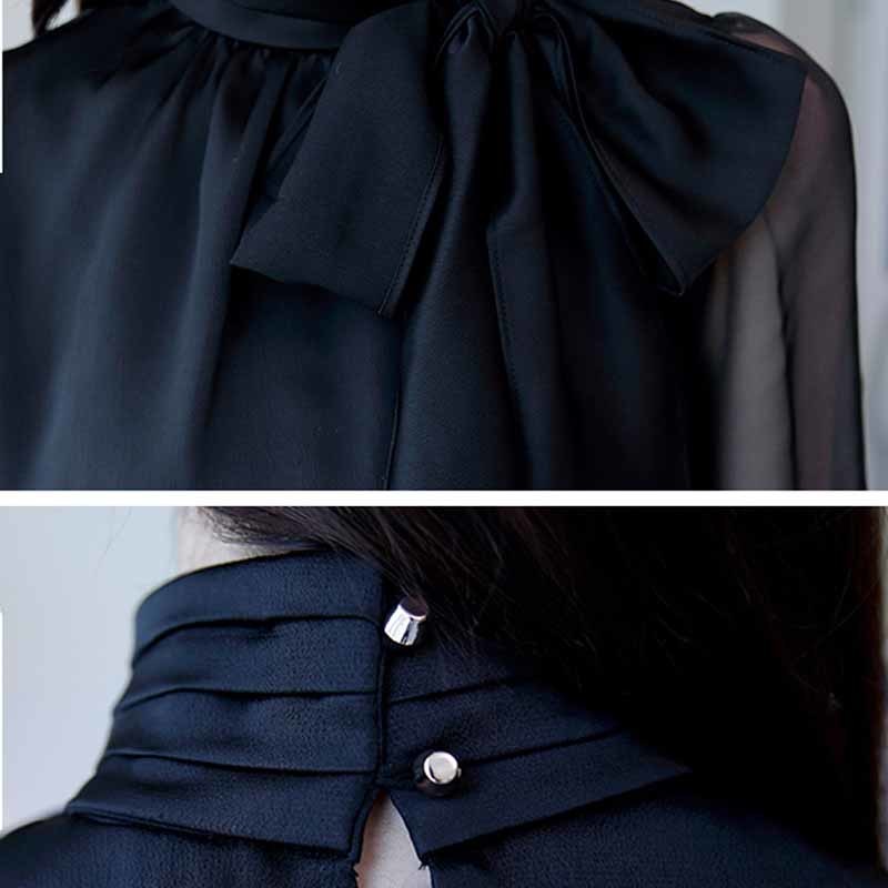 Summer Fashion Long Sleeve Tie Bow Chiffon Turtleneck Formal Women White Black Shirts Tunic Blouse 0599 30 210518