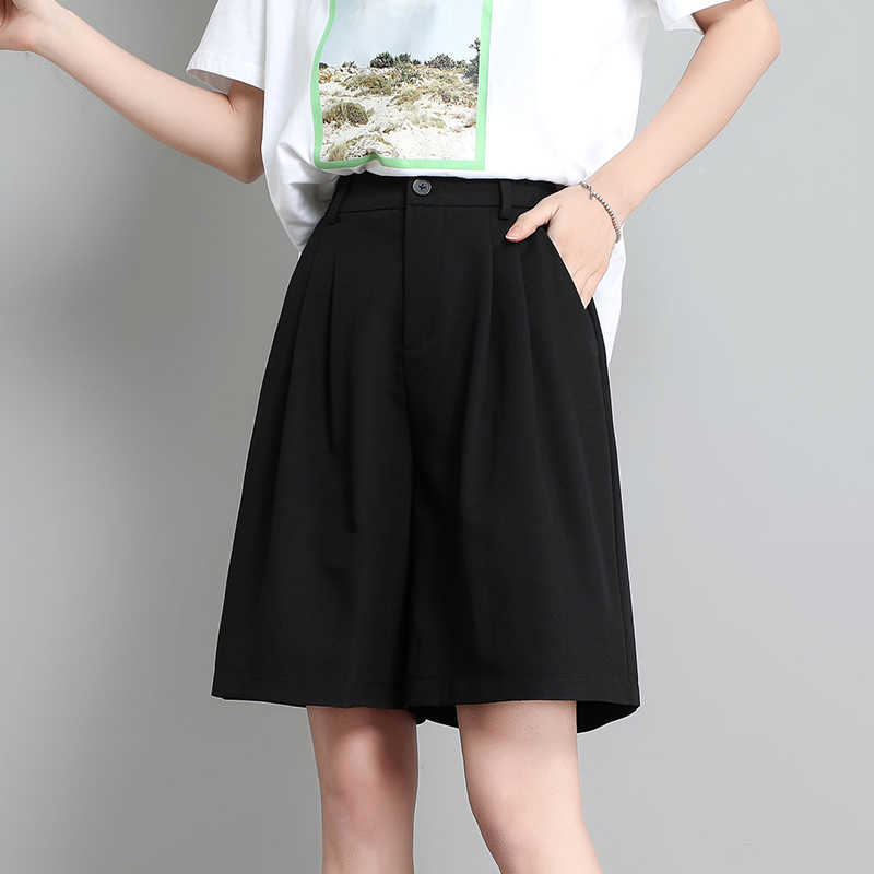 Flectit Bermuda Shorts High Waist Side Pocket Pleated Bermudas Women Student Girl Ladies Casual Outfits 210625