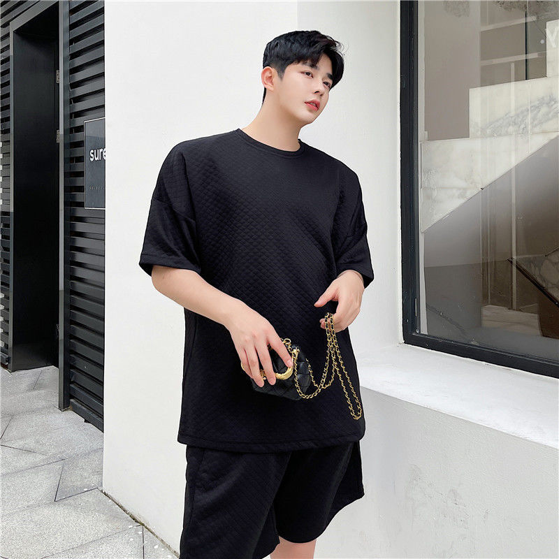 IEFB Summer Trend Personalized Three-dimensional Embossed Lattice White Short Sleeve T-shirt + Shorts Men's Set 9Y7742 210524