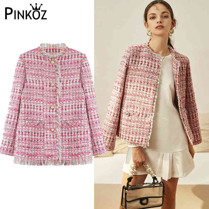 Autumn Winter Vintage Pink Plaid Jackets Coat Women Tweed Overcoat Tassel Long Sleeve Slim Jacket Tops Female Outwear 210421