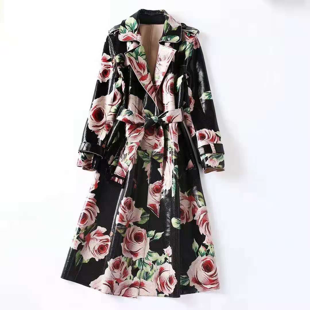 European and American women' autumn 2021 new Long sleeve pink rose print lace-up Fashion suede Trench coat, Black
European and American women' autumn 2021 new Long sleeve pink rose print lace-up Fashion suede Trench coat, Black