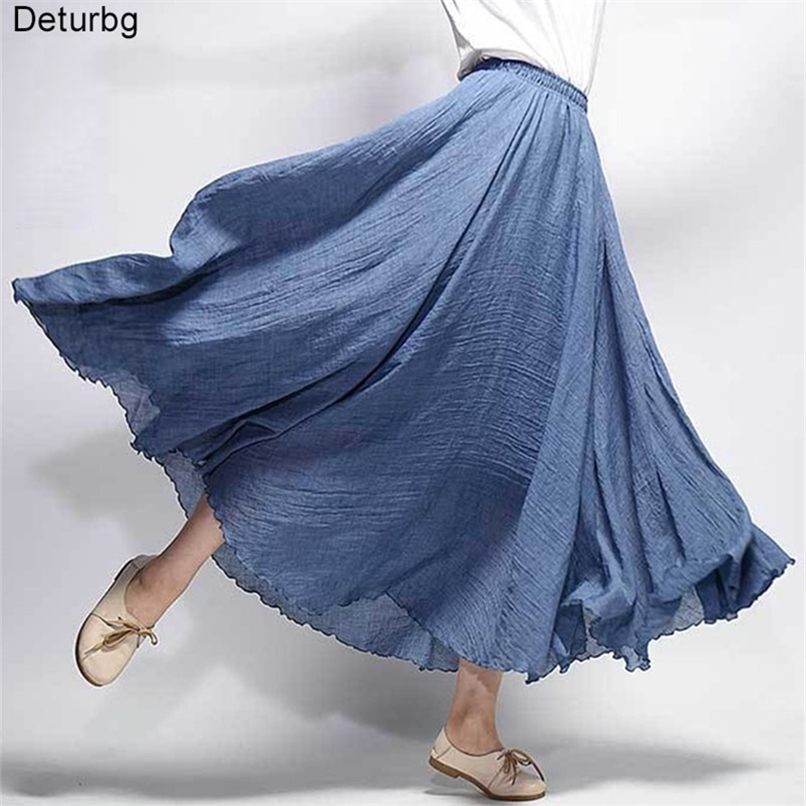 Women's Elegant High Waist Linen Maxi Skirt Summer Ladies Casual Elastic 2 Layers Skirts saia feminina 20 Colors SK53 210619