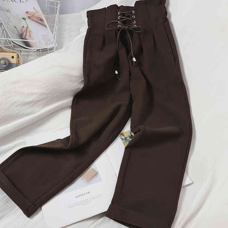 Nomikuma Autumn Winter Woolen Women Pants Korean Cross Lace Up High Waist Ankle Trousers New Solid Straight Pants 6D083 210427
