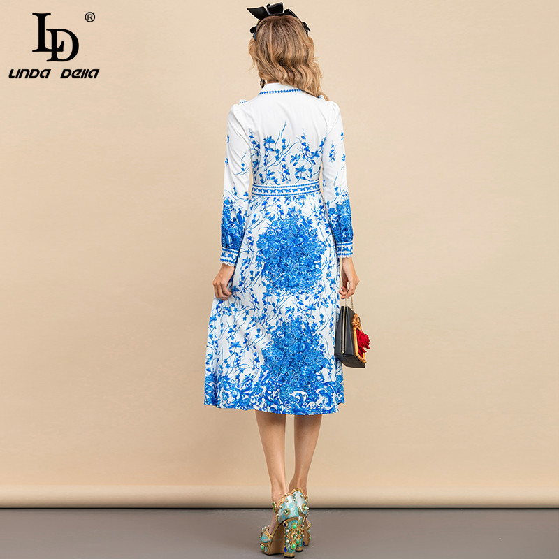Fashion Runway Summer Dress Women Sequins Long Sleeve Elegant Blue White Print Holiday Female Vintage Midi 210522