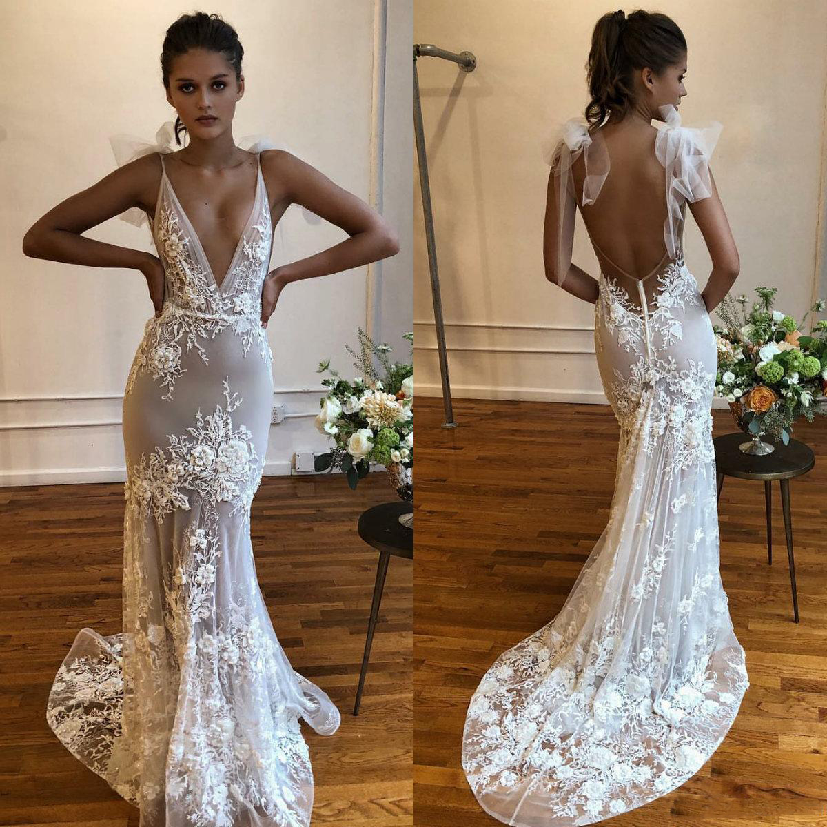 Berta Mermaid Wedding Dresses 2021 Spaghetti Straps Illusion 3D Floral Appliques Beaded Bridal Gowns Backless Beach Wedding Dress