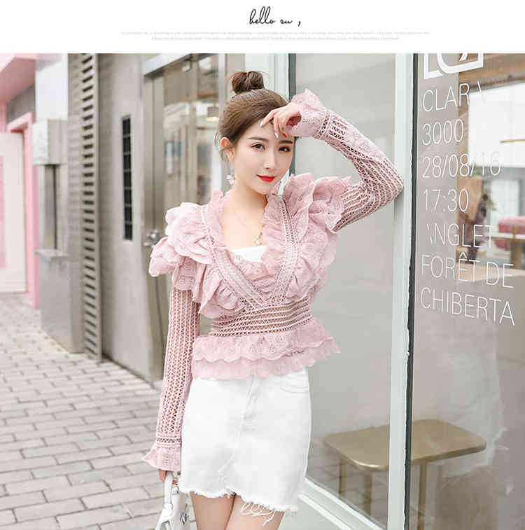 Comelsexy Runway Deep V Neck Long Sleeve Ruffles Trimmings Cropped Lace Tops Shirt Women Blouses Korean Fashion Clothing 210515