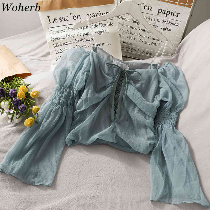 Bandage Pleated Blouse Women Sexy Off Shoulder Tops Solid Sweet Cute Shirt Summer Elegant Ladies Mesh Blusas 210519