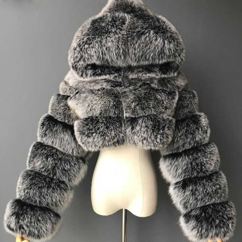 Lucyever Fashion Hooded Faux Fur Coat Women Winter Warm Plus Size 8XL Blue Furry Overcoat Elegant Plush Crop Jacket Femme 211019