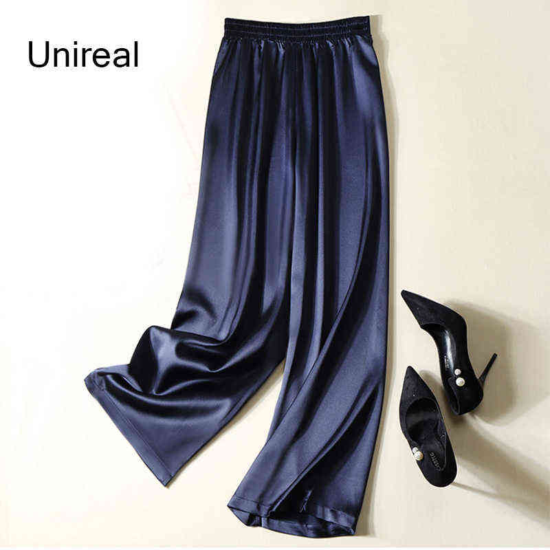 Unireal Summer Women Wide Leg Pants High Waist Casual Trousers Streetwear Black Silk Satin Elegant Long Palazzo 211115