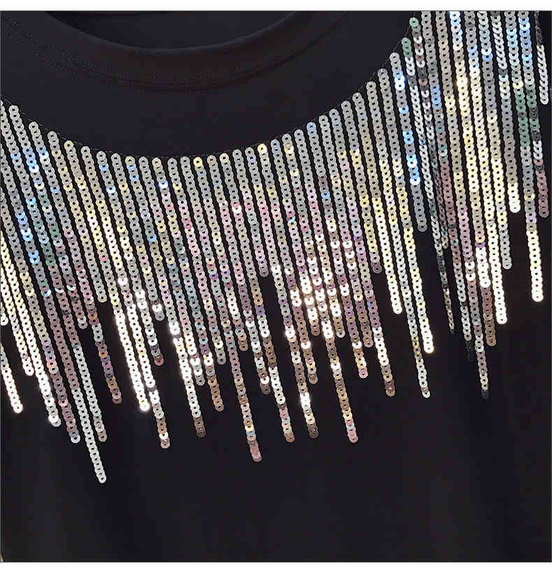 Plus Size L-4XL Summer Office Ladies 2 piece set Sequined Short Sleeve T-Shirt Top And High Waist A-Line Denim Skirt Suit 210518