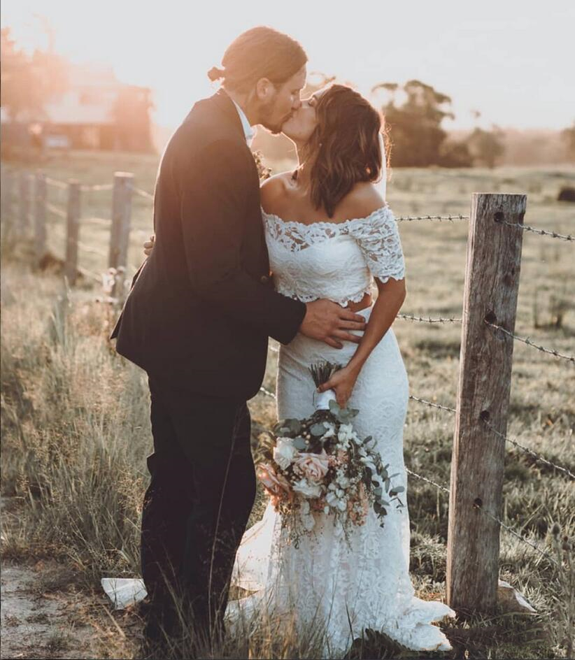 Bohemian Full Lace Mermaid Wedding Dresses Bridal Gowns Two Pieces Bateau Neck Off Shoulder Summer Boho Beach Bride Dress