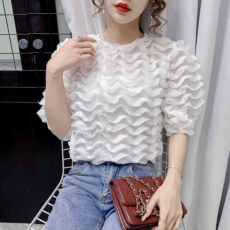 Women Blouse Niche Temperament Mesh Summer Chiffon Shirts Solid Blue Tops Round Collar Clothes Blusas 14464 210506
