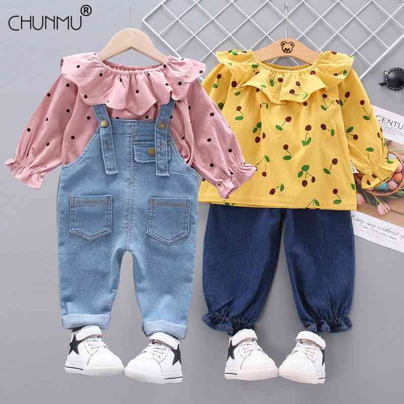 Baby Girl Clothes Sets For Children Strawberry Turndown Collar T-shirt Jeans Pants Cute Toddler Girls Suit for Kid 210508
