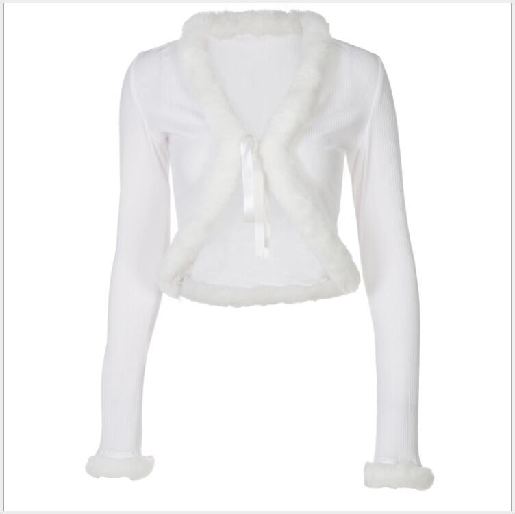 Women's Down & Parkas European And American Style Autumn Pure Color Plush Stitching Lace Cardigan Long-sleeved Top