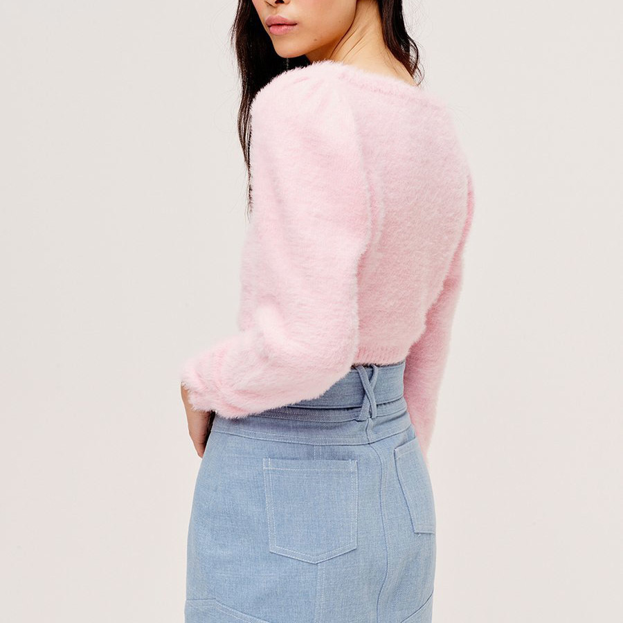 women button pink cardigan fashion ladies v-neck puff sleeve single breasted solid short sweater cute girls preppy style 210521