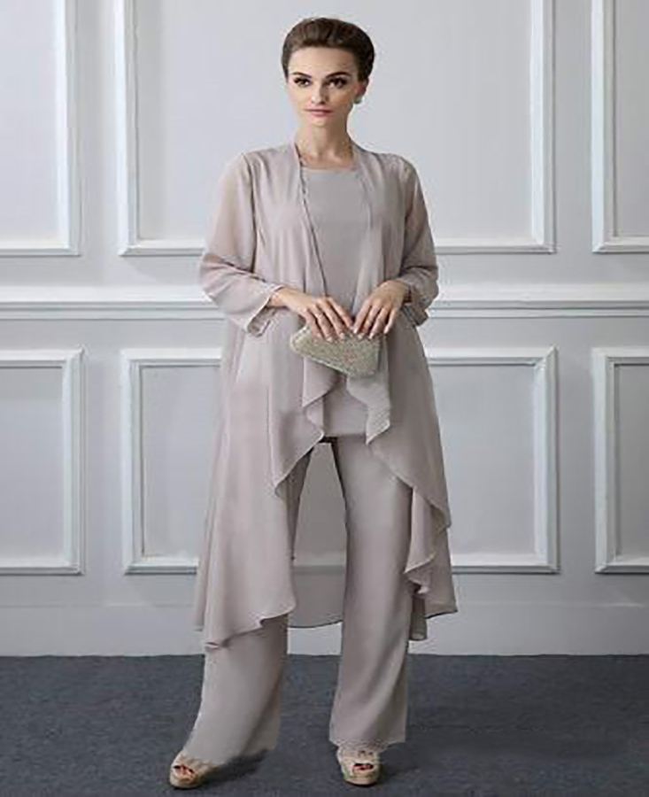 Chic Spring Chiffon mother of the bride pant suits 3 Piece Casual Groom Mother Gowns With Coat Jacket And Trousers For Wedding Guest