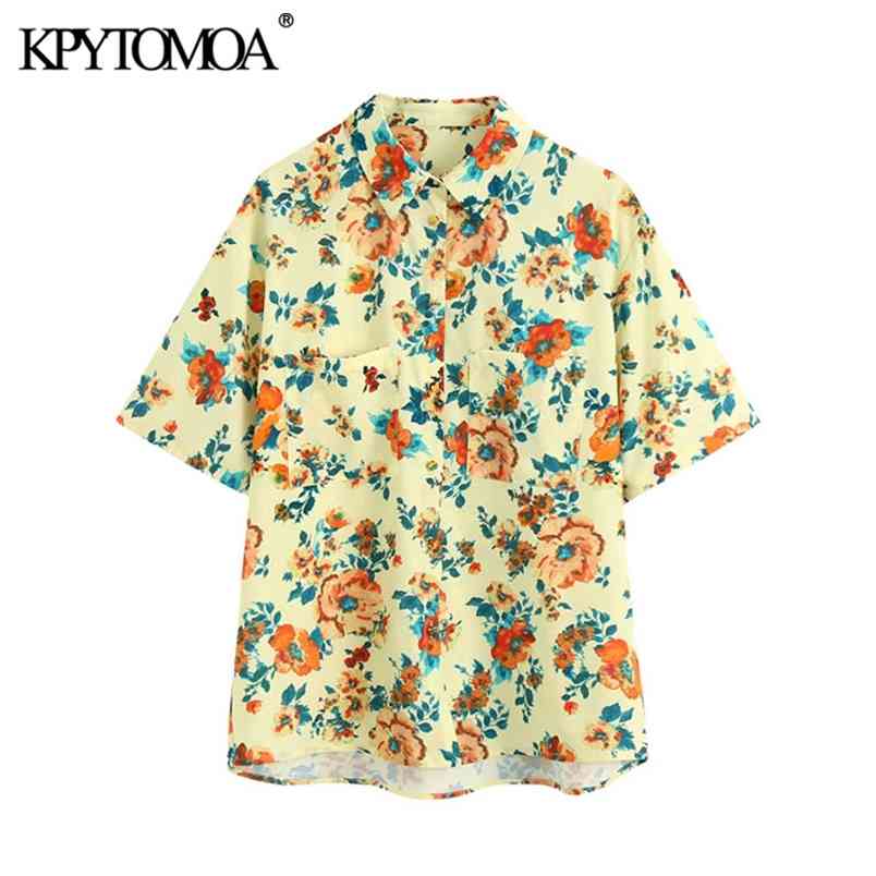 Women Fashion With Pockets Floral Print Loose Blouses Short Sleeve Button-up Female Shirts Blusa Chic Tops 210420