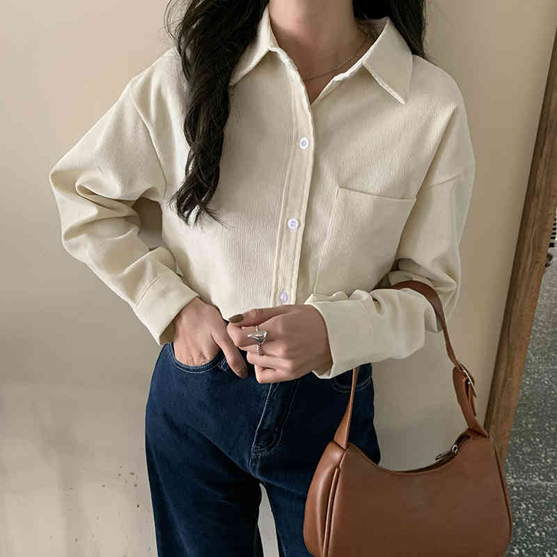 Beige Full Sleeves Corduroy Solid Chic Students Fashion Korean Girls Loose Slim All Match Office Lady Shirts 210421