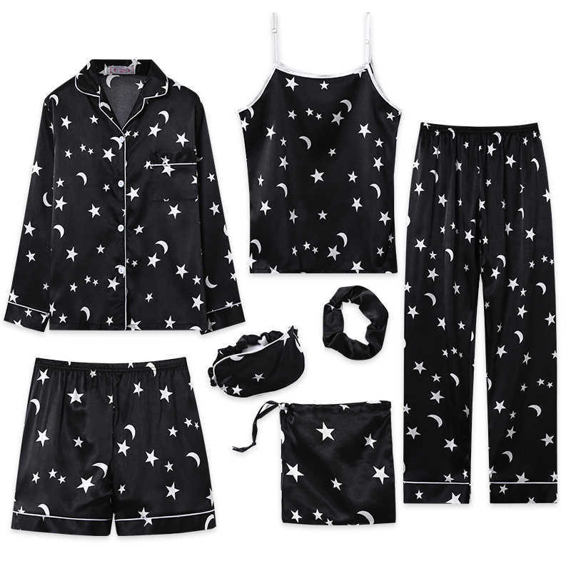 Pajamas Suit Print Women Sleepwear Satin Casual 7PCS Sleep Set Intimate Lingerie Novelty Nightwear Pyjamas Homewear Q0706