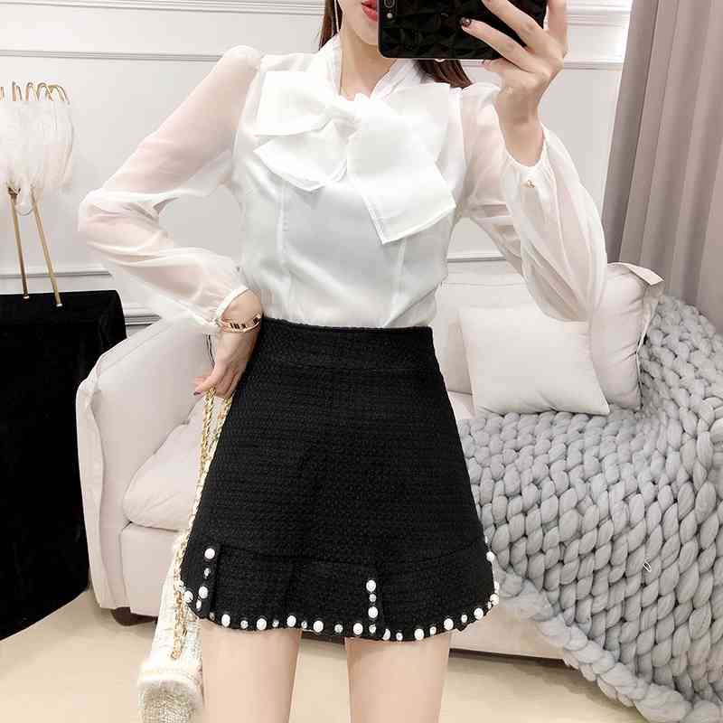 Runway Tweed Women 3 Piece Set Fall Winter Beading Wollen Cloak Short Coat + Mesh White Bow Shirt Mini Mermaid Skirt 210519