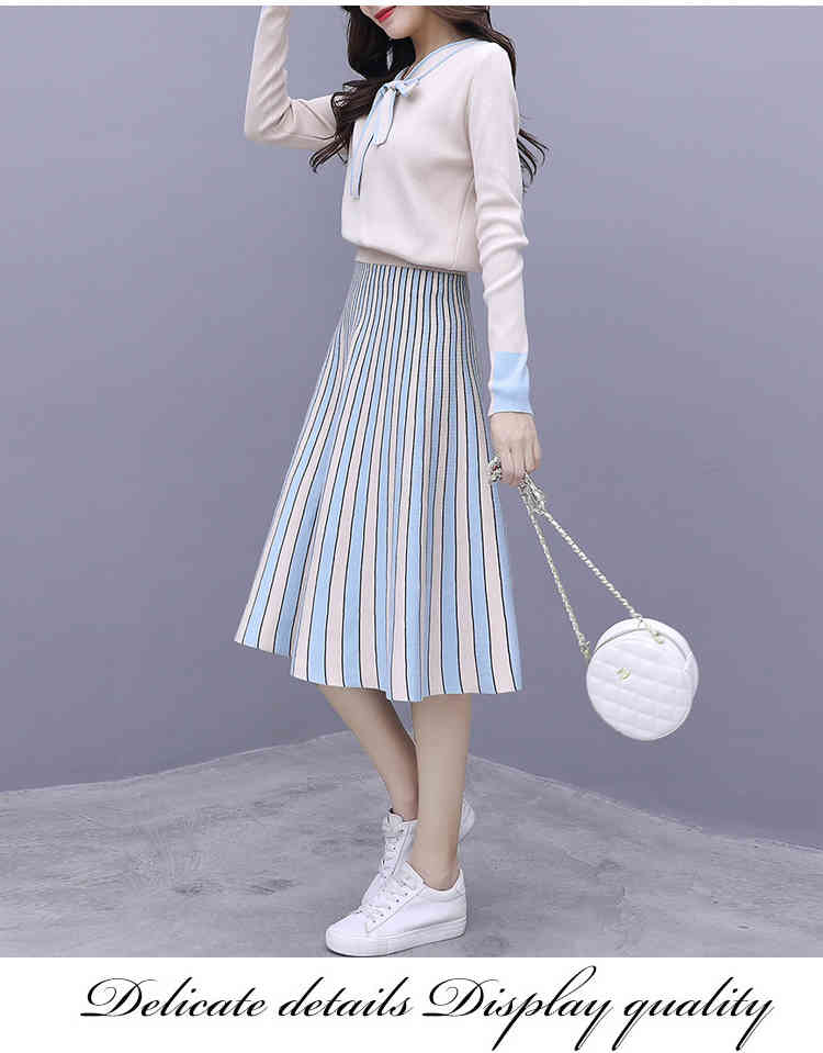 Autumn Two Piece Set Women Elegant Bow tie Knit Pullover Sweater Top + Stripe pleated Midi Skirt Suit 210519