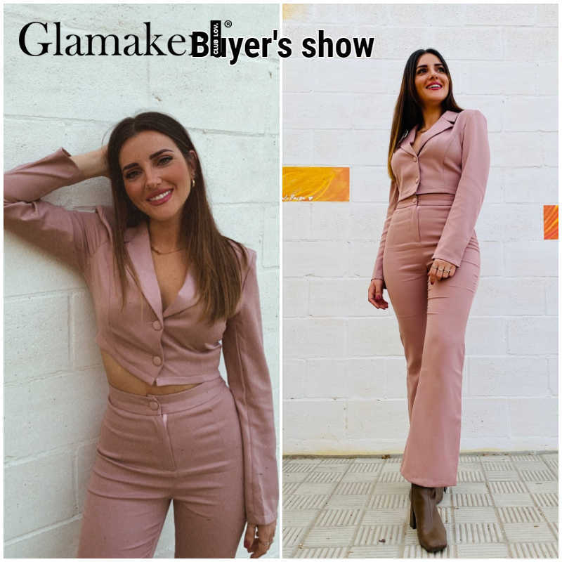 Glamaker Pink purple 2 piece suit sets Women sexy short blazer and flared pants Office lady set autumn female sets sexy outfits 211007