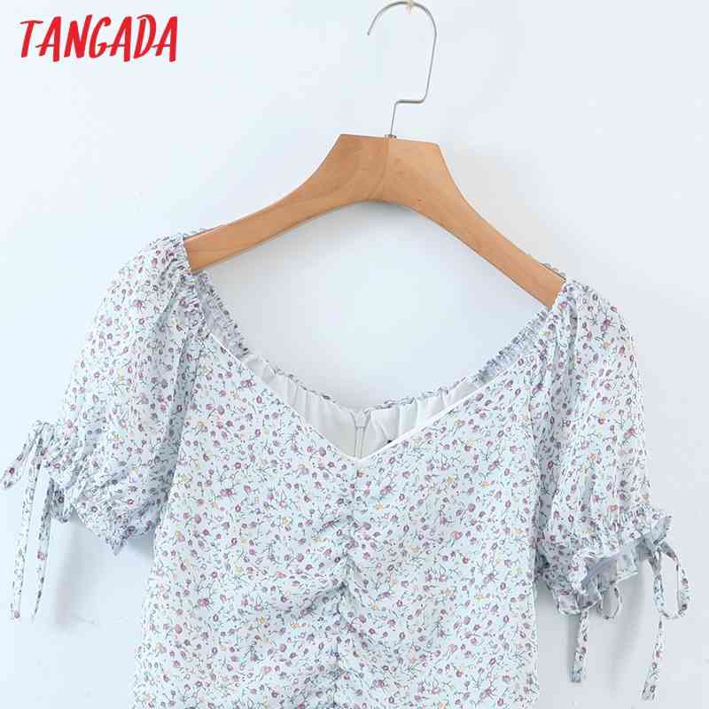 Summer Women Blue Floral Chiffon Bow Short Sleeve Ladies Mini Dress Vestidos DZ13 210416