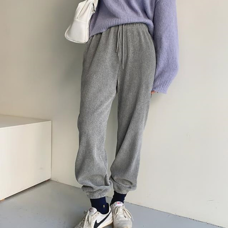 Spring Autumn Elegant Casual Sweatpants High Waist Straight Corduroy Pants Women Bottoms OL Solid Loose Trousers 210421