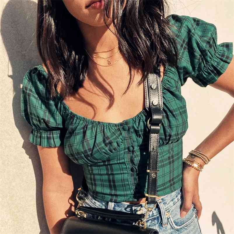 Foridol Vintage crop top boho ruffle blouse shirt women short female beach plaid blusas button mujer summer 210415