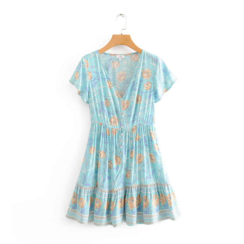 beauty Boho Floral Print Cotton Midi Dress Women Holiday Vintage V-neck Single Breasted Beach Dresses Female 210514