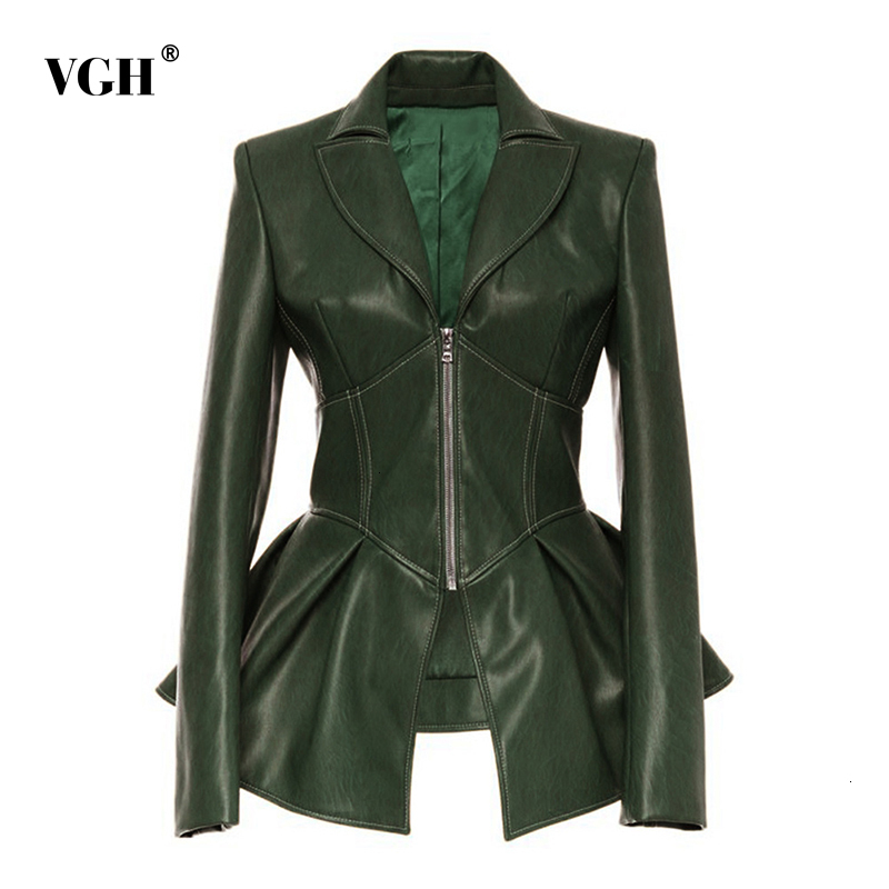 VGH Splicing Zipper PU Leather Jacket For Women Lapel Long Sleeve High Waist Streetwear Casual Jackets Female Fashion New 210421